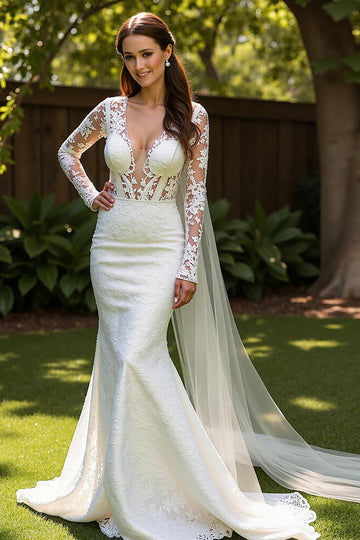 Lace Mermaid V-Neck Court Train Ivory Wedding Dress with Lace